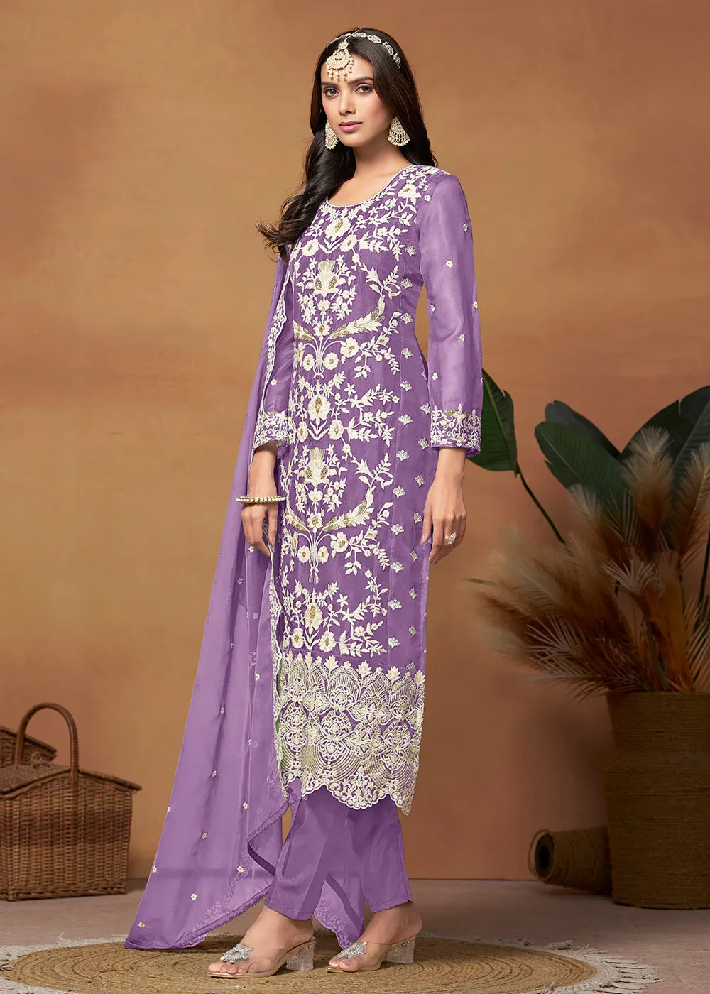 Amazing Purple Organza Embroidered Designer Salwar Suit