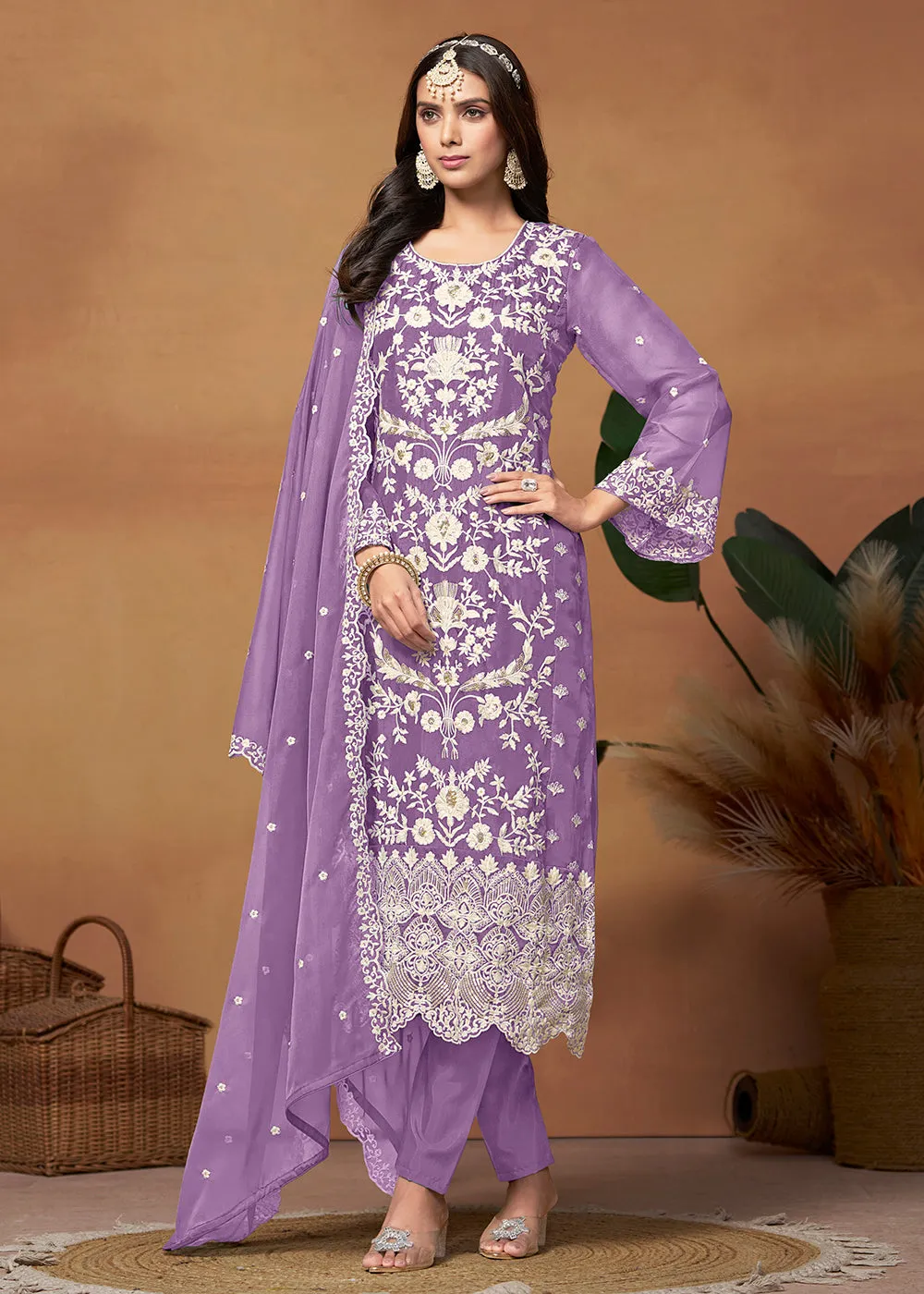 Amazing Purple Organza Embroidered Designer Salwar Suit