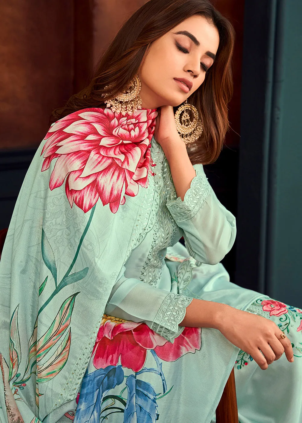 Beautiful Aqua Blue Georgette Festive Salwar Kurta Suit