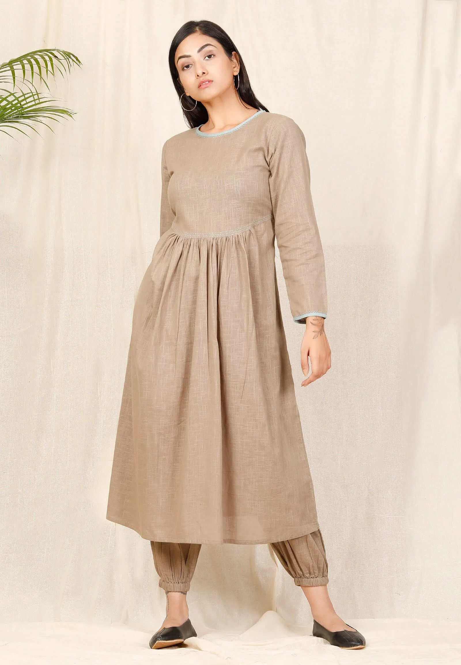 Beige gathered kurta