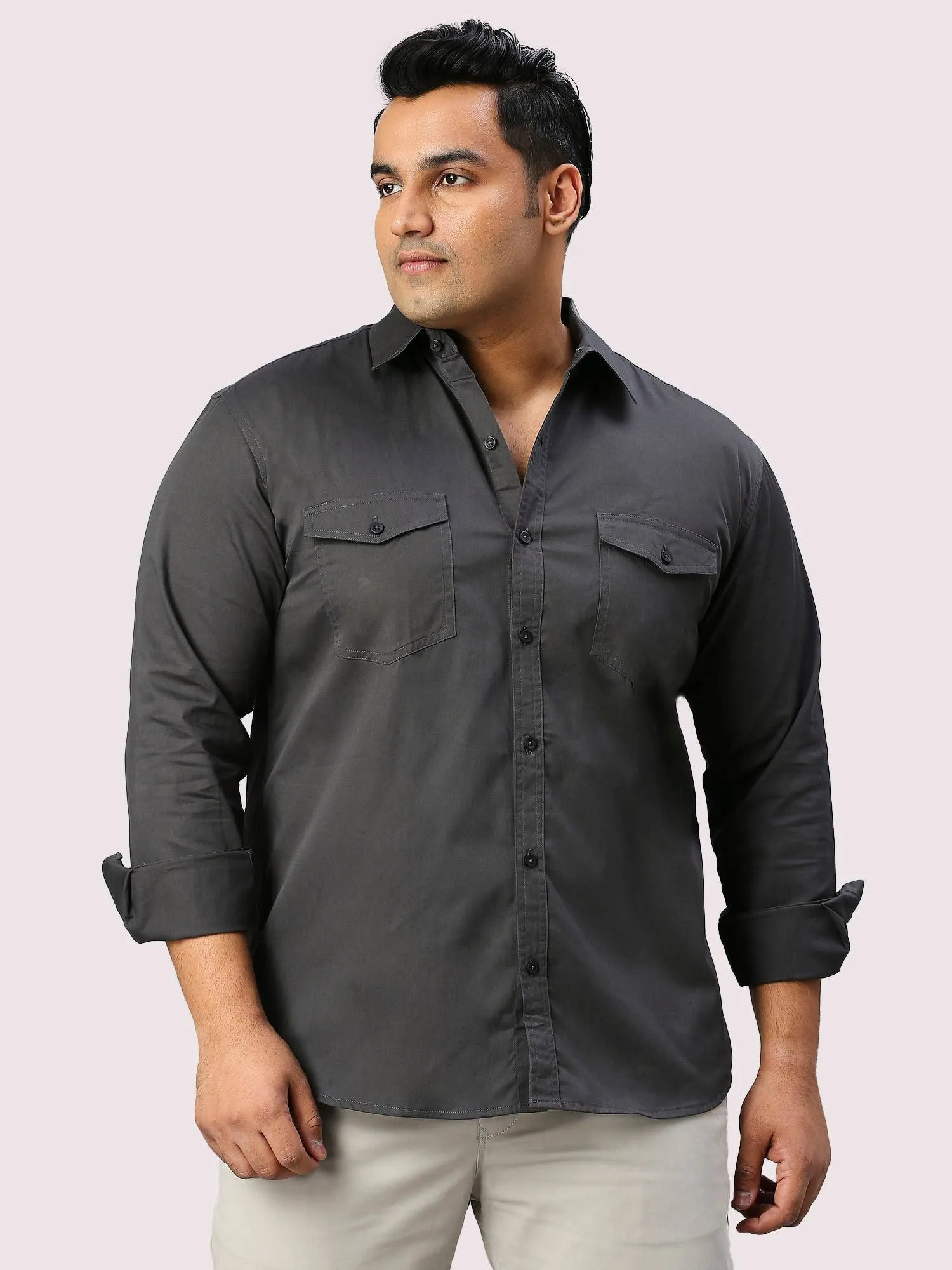 Black Solid Pure Cotton Double Pocket Full Sleeve Shirt Men's Plus Size