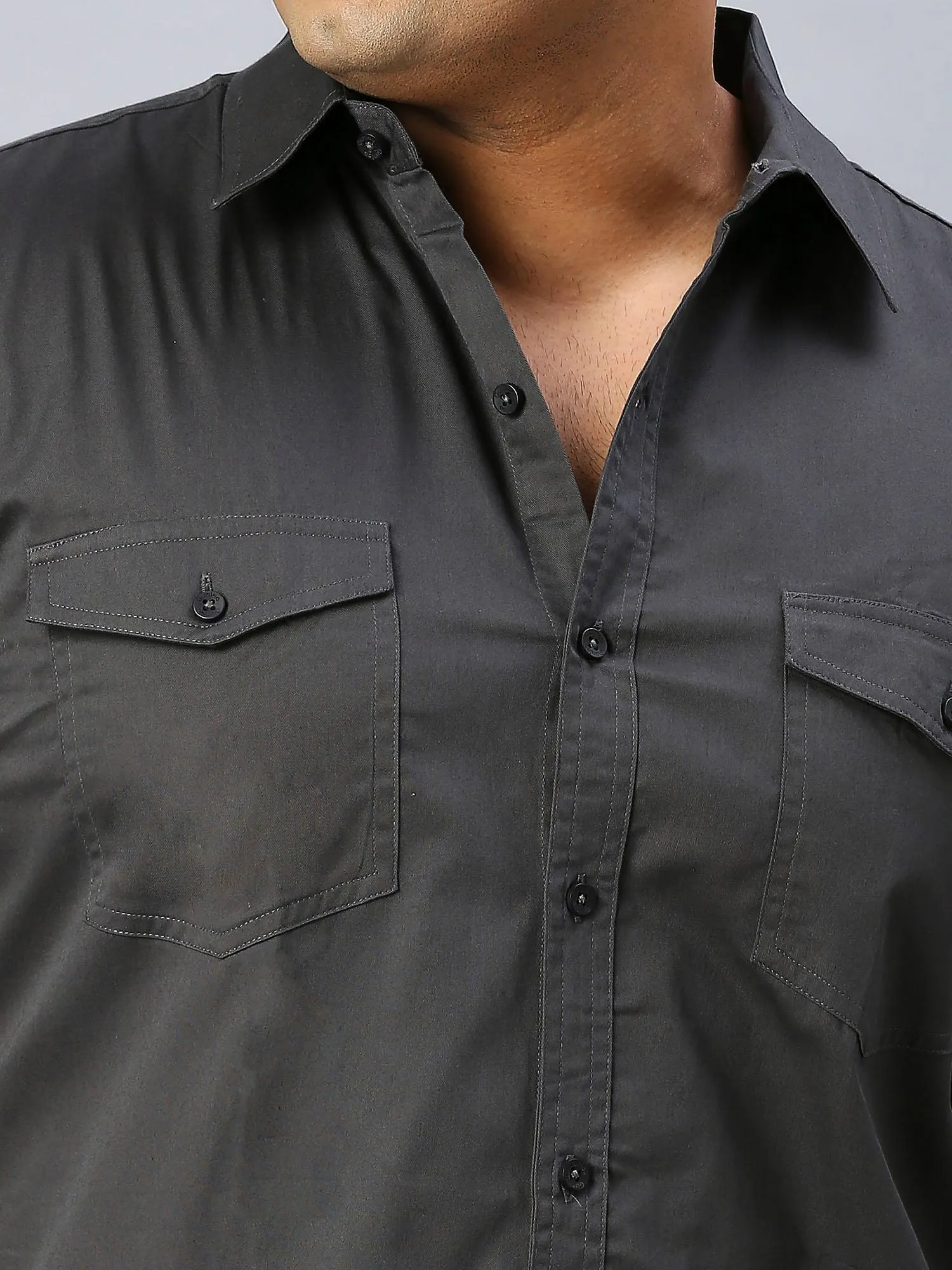 Black Solid Pure Cotton Double Pocket Full Sleeve Shirt Men's Plus Size