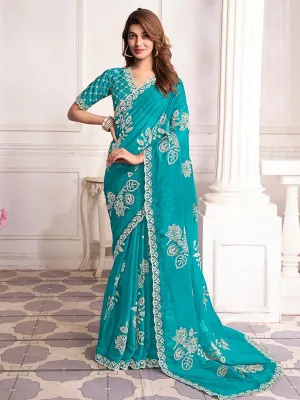 Blue And White Ethnic Motifs Embroidered Organza Saree