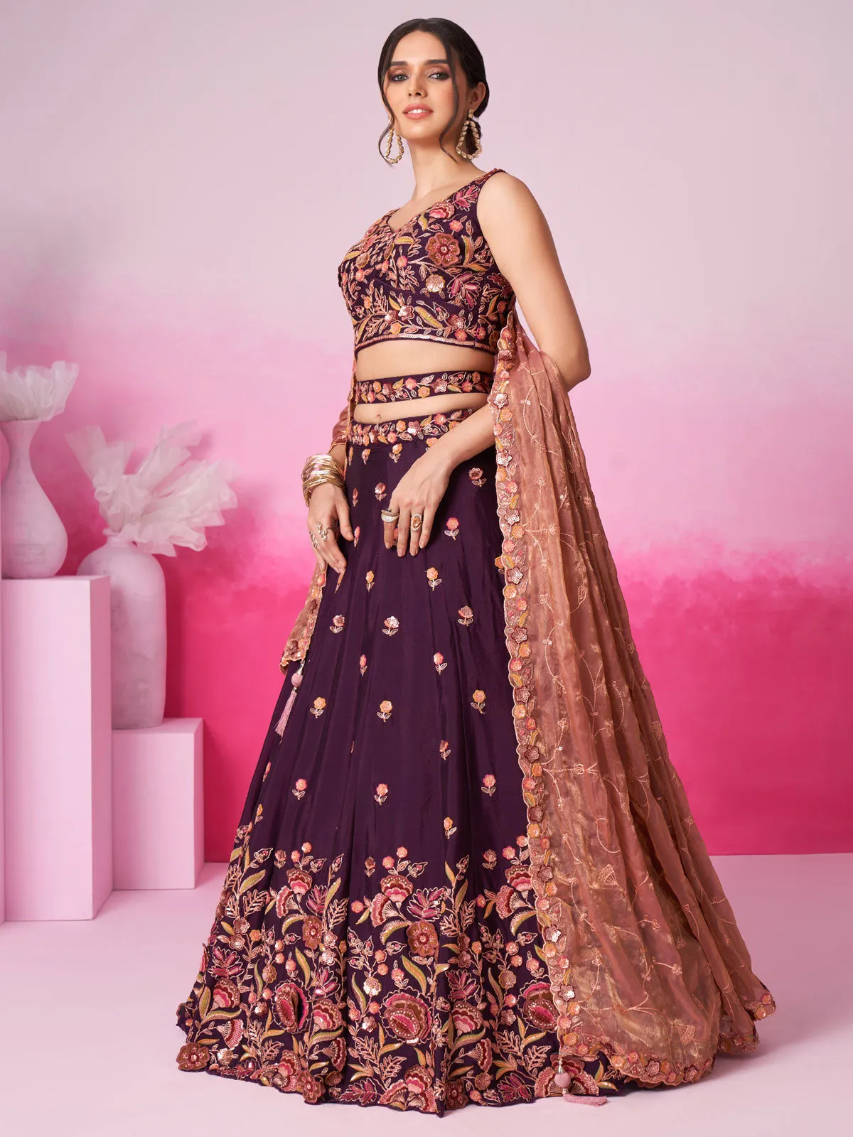 Burgundy colour Chiffon Sequins embroidery Semi-Stitched Lehenga choli and Dupatta