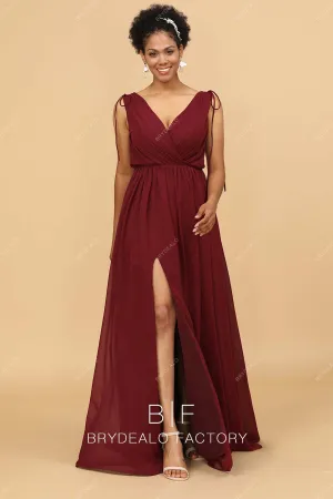 Burgundy Ruched V-neck Sleeveless Chiffon Bridesmaid Dress