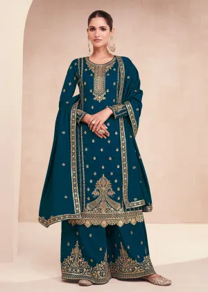 Captivating Teal Blue Zari Embroidered Palazzo Salwar Suit