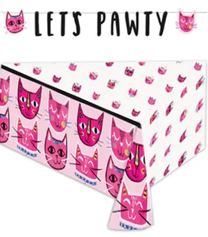 Cat Party Supplies - Pink Cat Let's Pawty Plastic Table Cover and Banner Cutout Set