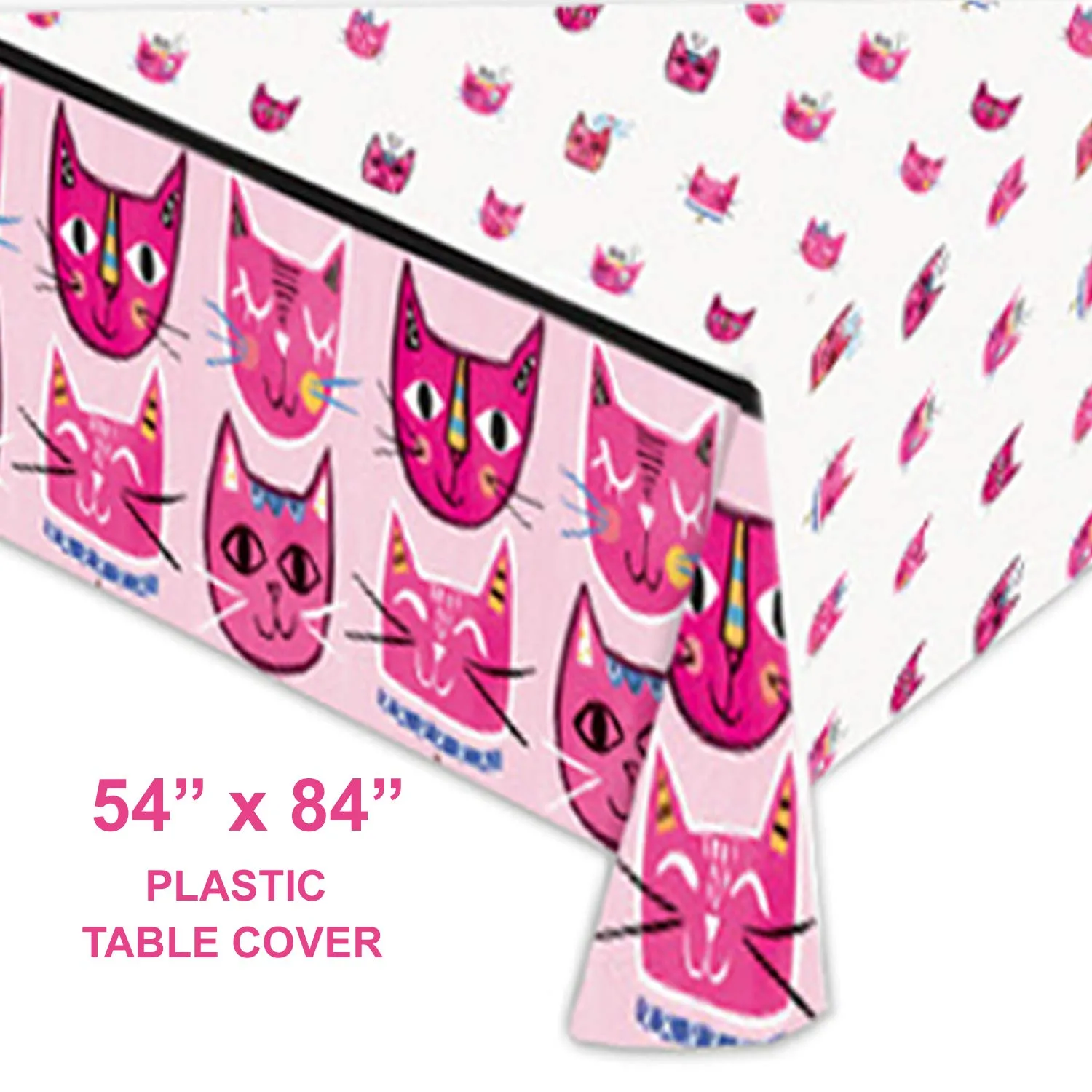 Cat Party Supplies - Pink Cat Let's Pawty Plastic Table Cover and Banner Cutout Set