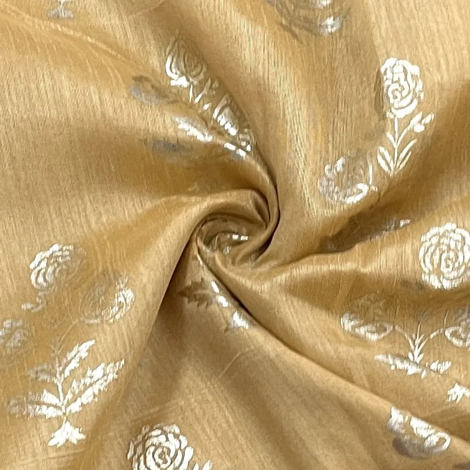 Classic Golden Floral Print Dupion Silk Fabric