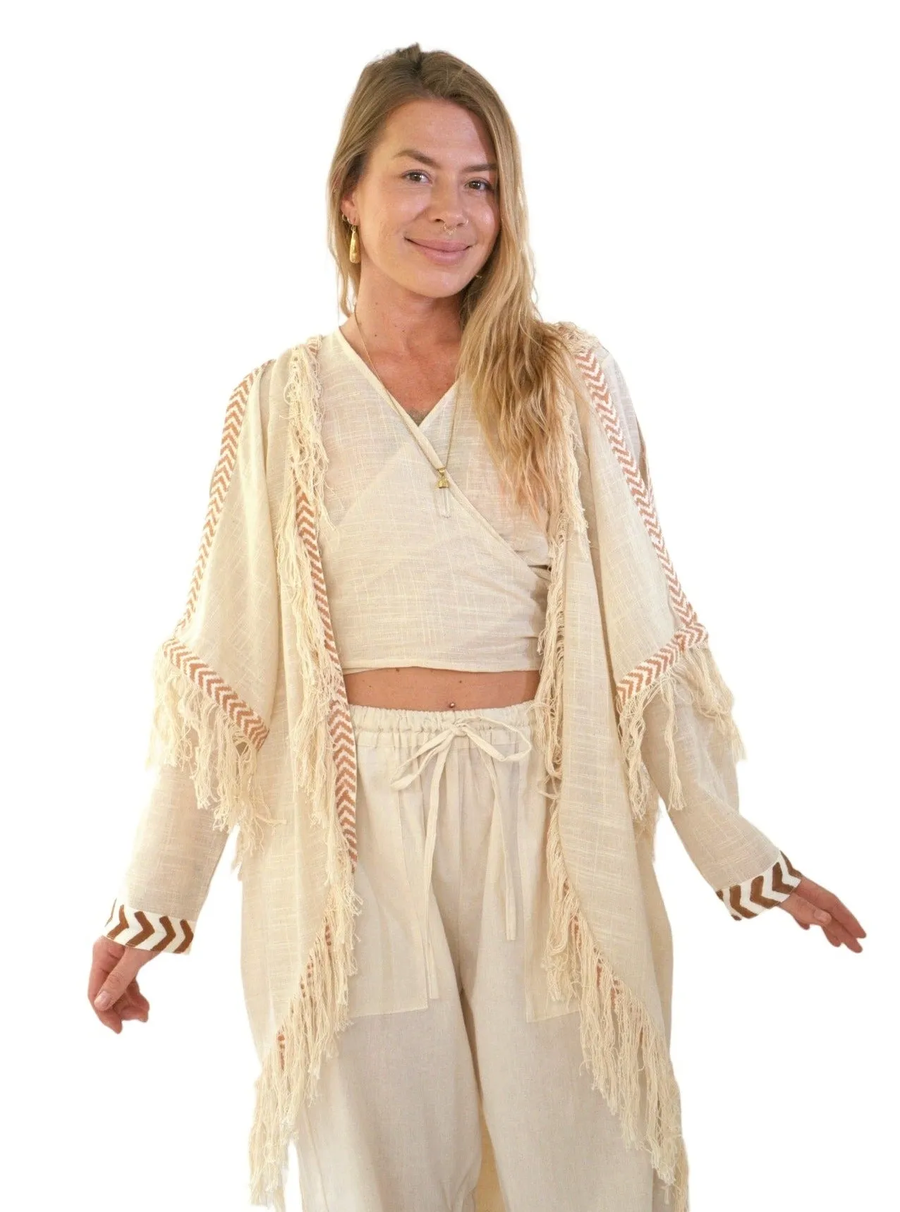 Cream Organic Cotton Shrug with Fringe