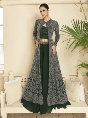 Dark Green Jacket Style Wedding Party Lehenga Skirt Suit