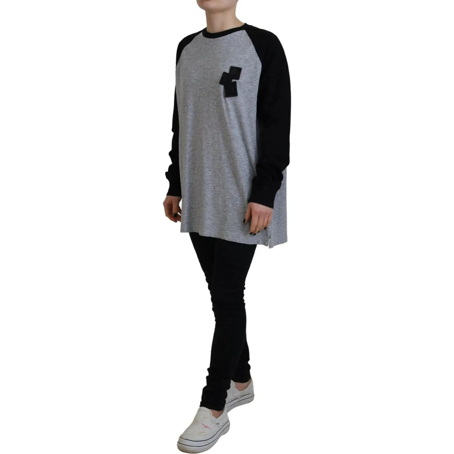 Dsquared² Black Gray Cotton Raglan Long Sleeves Casual Top