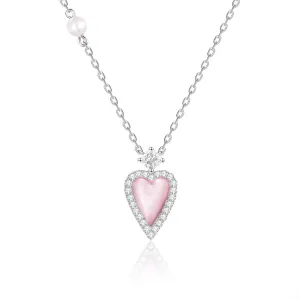 FANCIME "Pink Moment" Pink Heart Sterling Silver Necklace With White Pearl and CZ Stones