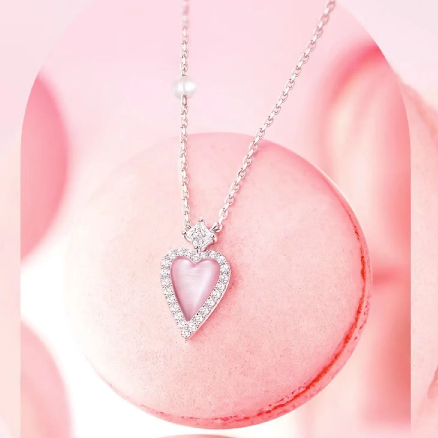 FANCIME "Pink Moment" Pink Heart Sterling Silver Necklace With White Pearl and CZ Stones