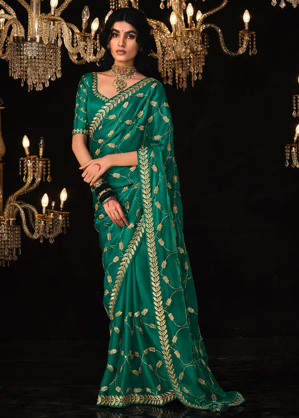 Fancy Teal Green Embroidered Designer Wedding Wear Saree