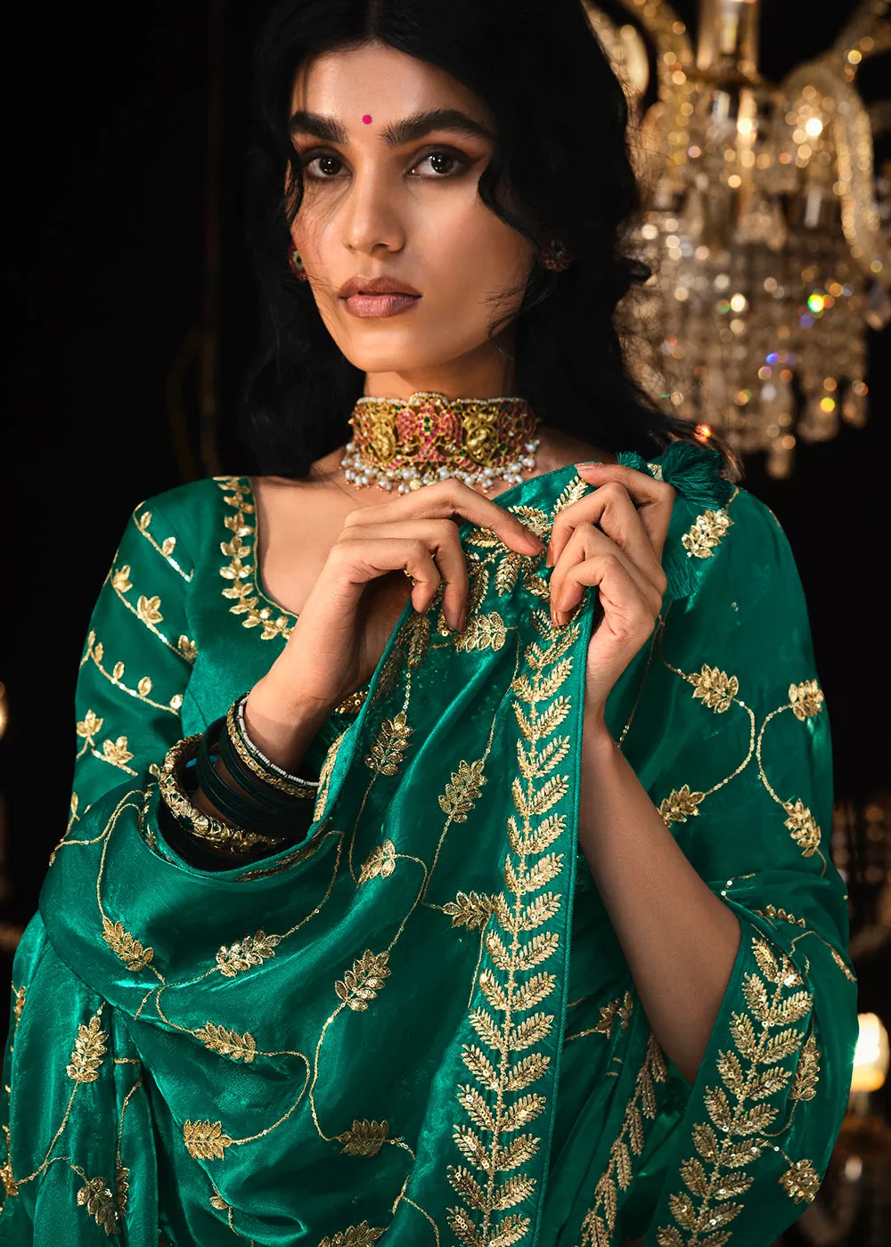 Fancy Teal Green Embroidered Designer Wedding Wear Saree