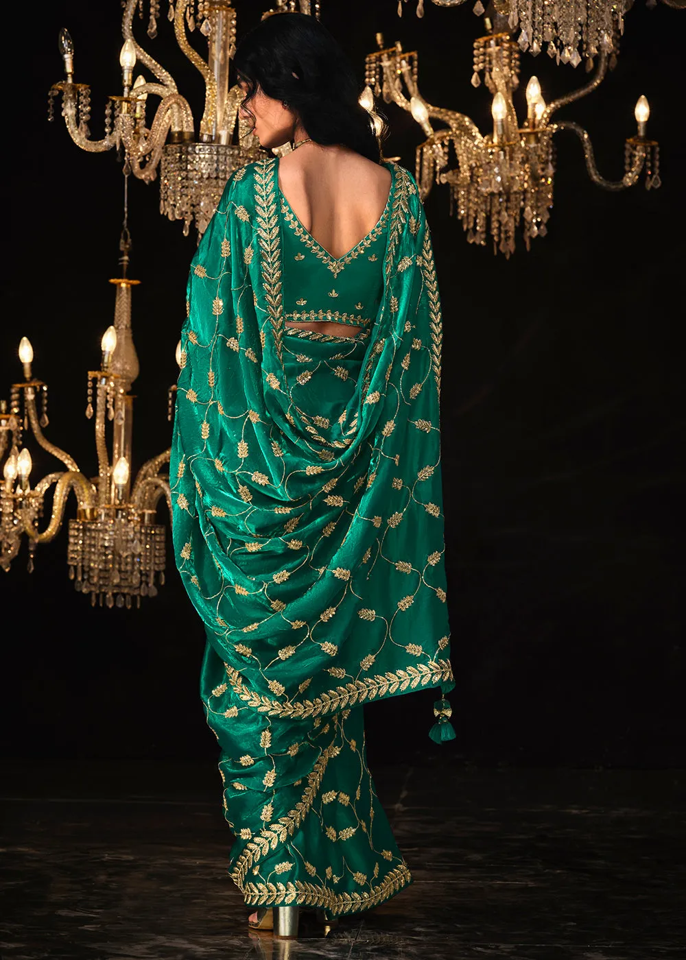 Fancy Teal Green Embroidered Designer Wedding Wear Saree