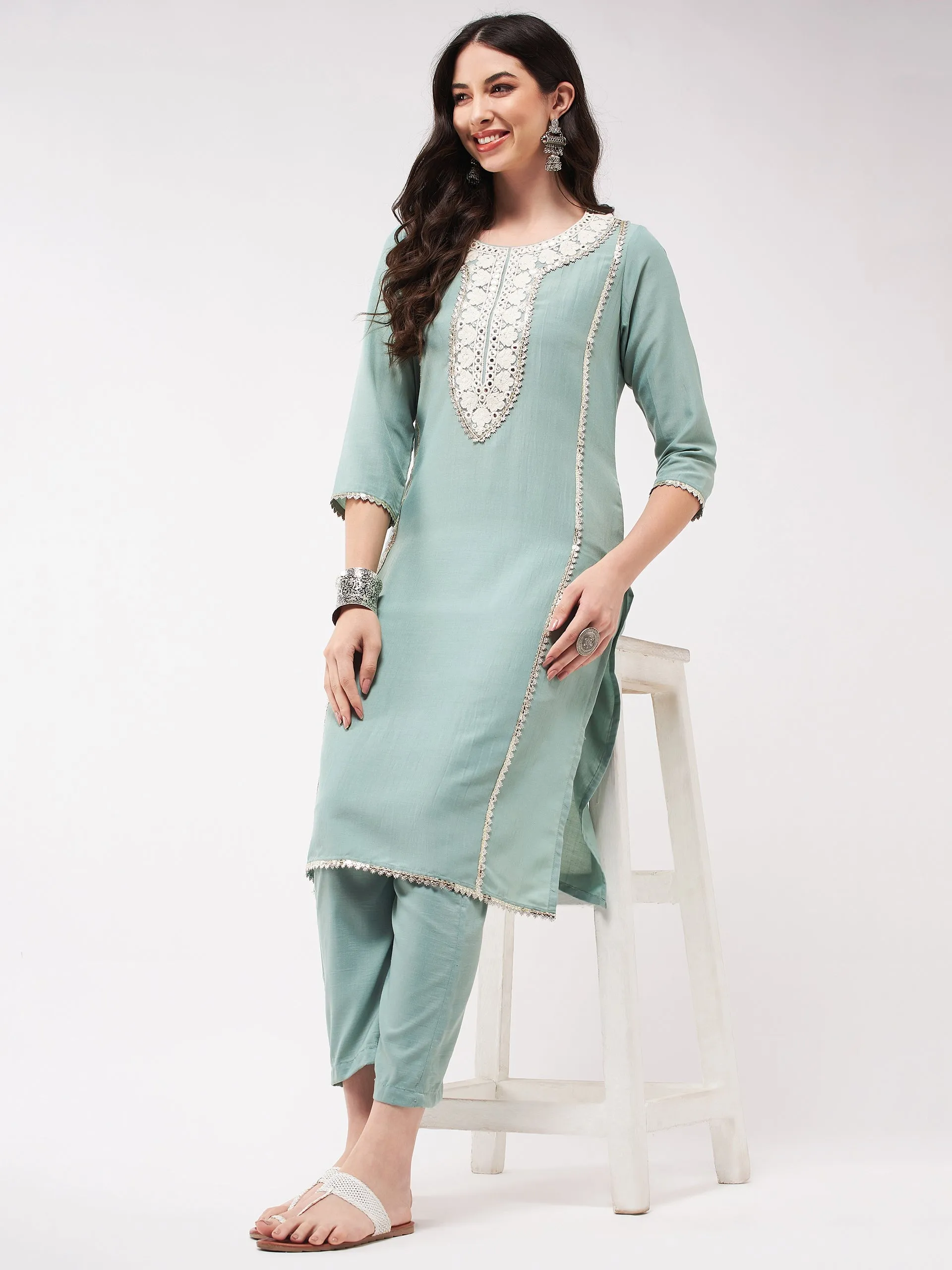 Festive Embroidered Neck-Patch Panelled Kurta With Laces