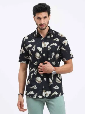 Heavenly Flower on Black Sky Printed Half Sleeve Shirt