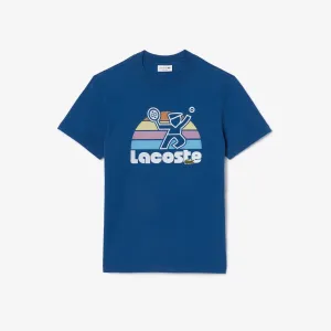 LACOSTE Men's Washed Effect Tennis Print T-shirt- Blue