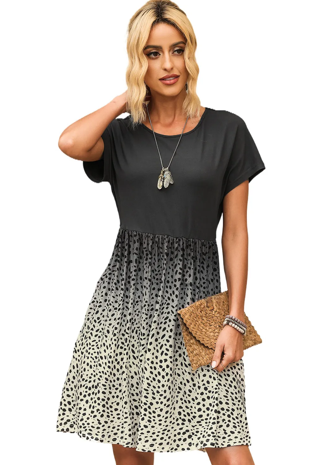 Leopard Dotted Contrast Casual Pocket T Shirt Dress