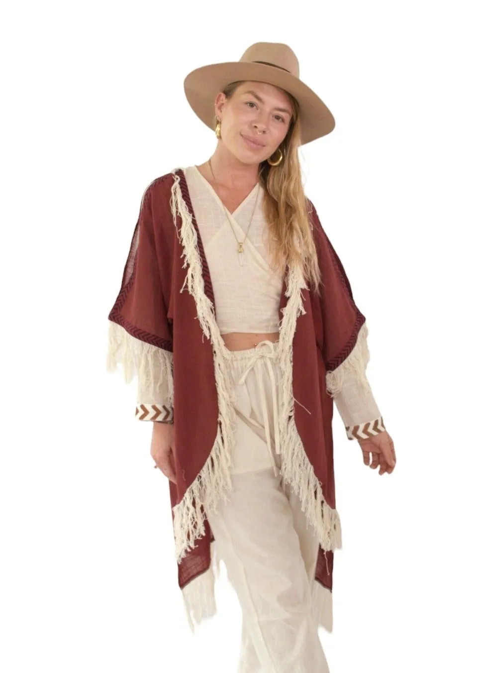 Maroon Organic Cotton Shrug with Fringe