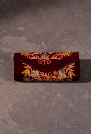 Maroon Tila Embroidery Velvet Clutch