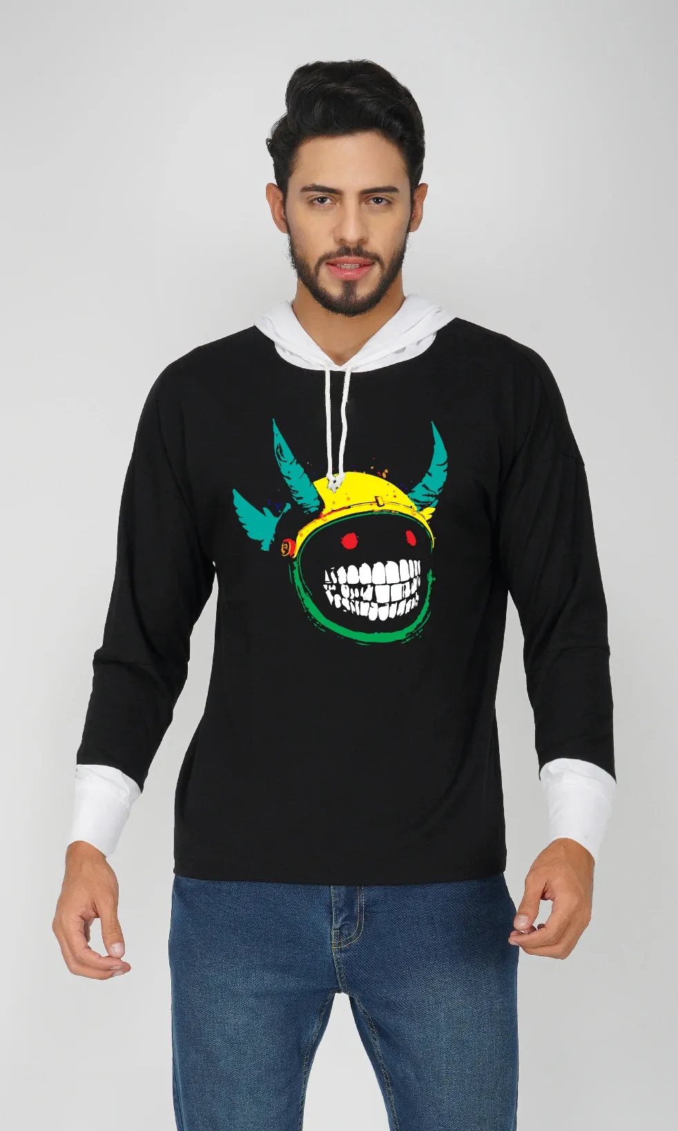 Mebadass Men's OverSized Printed Hooded T-shirts - Devil Smile