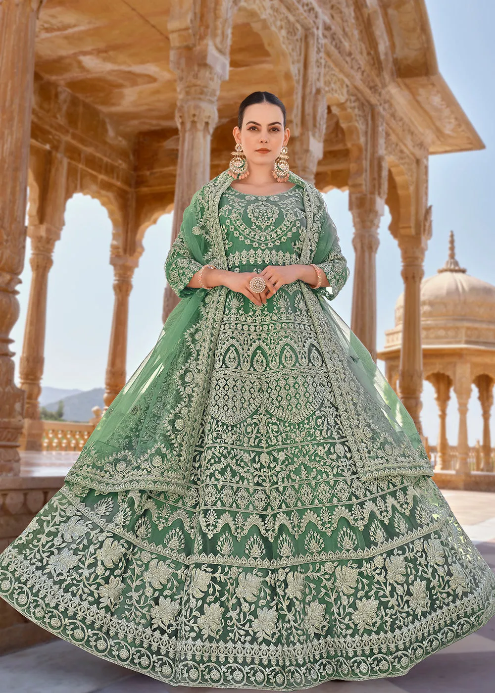 Mint Green Front & Back Stone Embroidered Wedding Anarkali Suit