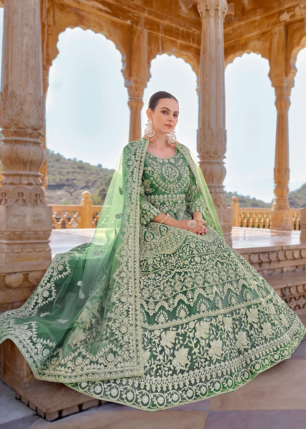 Mint Green Front & Back Stone Embroidered Wedding Anarkali Suit