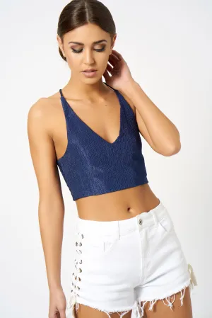 Navy Plunge Cross Back Crop Top