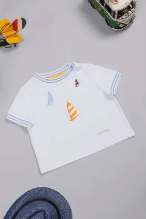 One Friday Baby Boys White Cotton Embroidered T-shirt