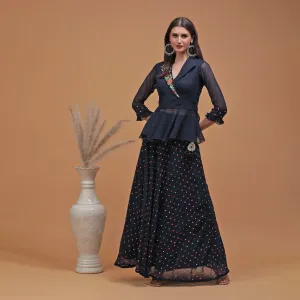 Pannkh Luxe Navy Blue Embroidered Lehenga with Short Jacket Set