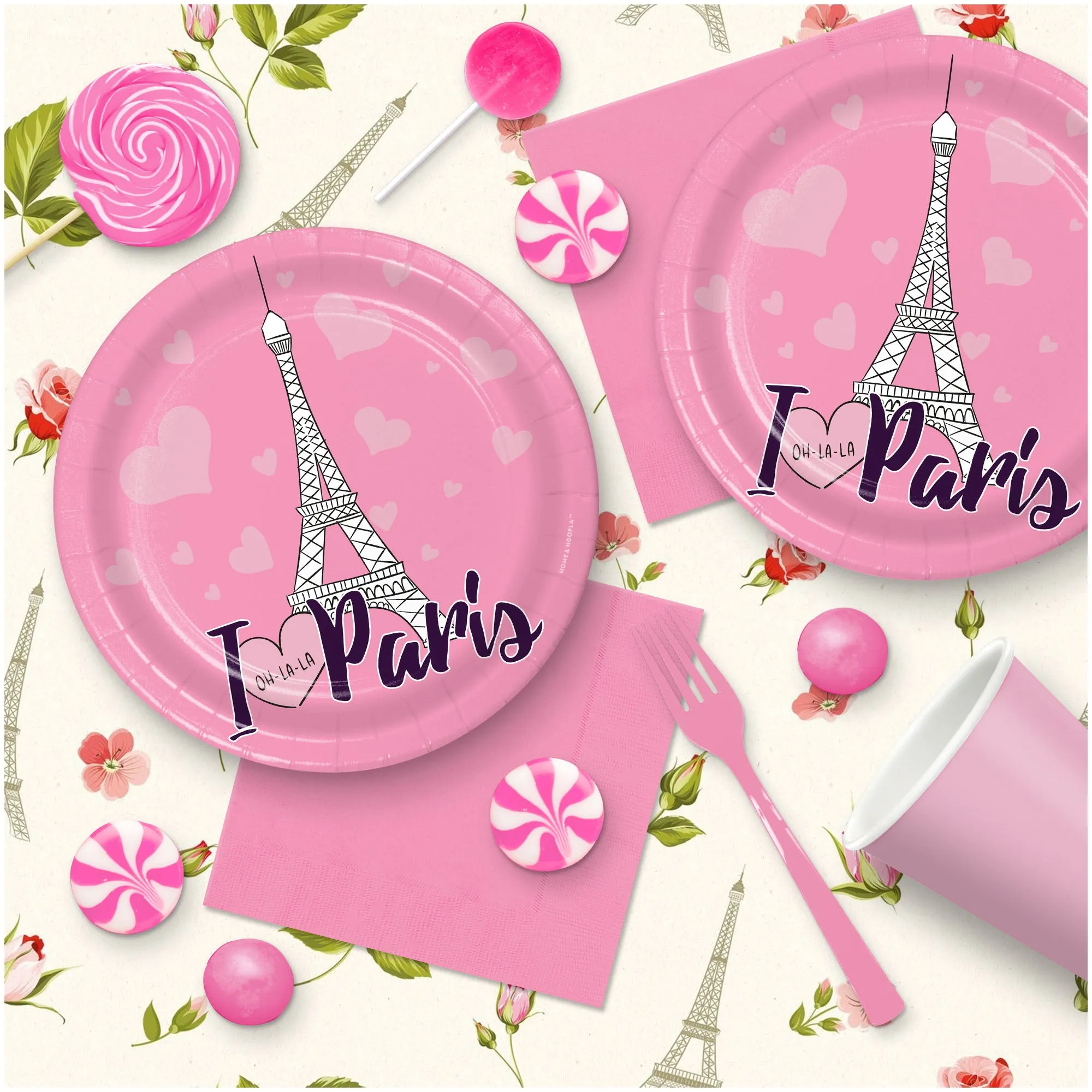 Paris Party Supplies - I Love Paris Pink Round Paper Dessert Plates for 16 Guests