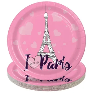 Paris Party Supplies - I Love Paris Pink Round Paper Dessert Plates for 16 Guests