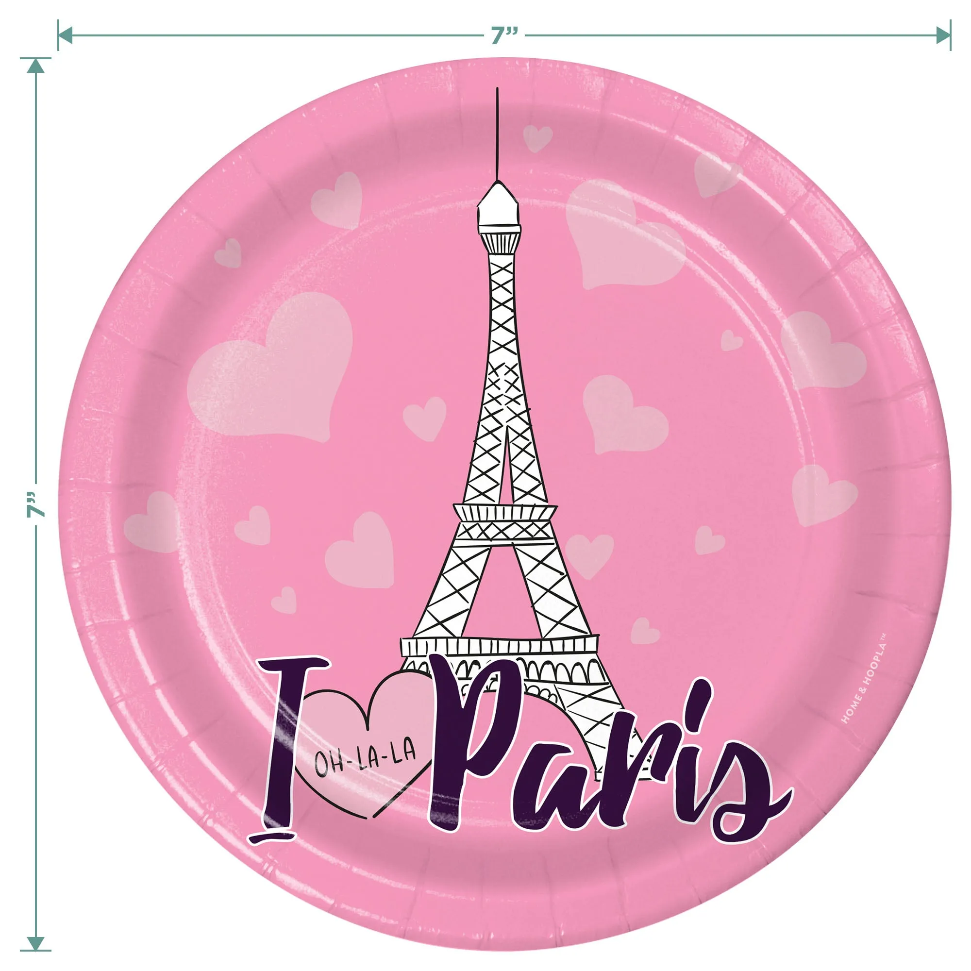 Paris Party Supplies - I Love Paris Pink Round Paper Dessert Plates for 16 Guests