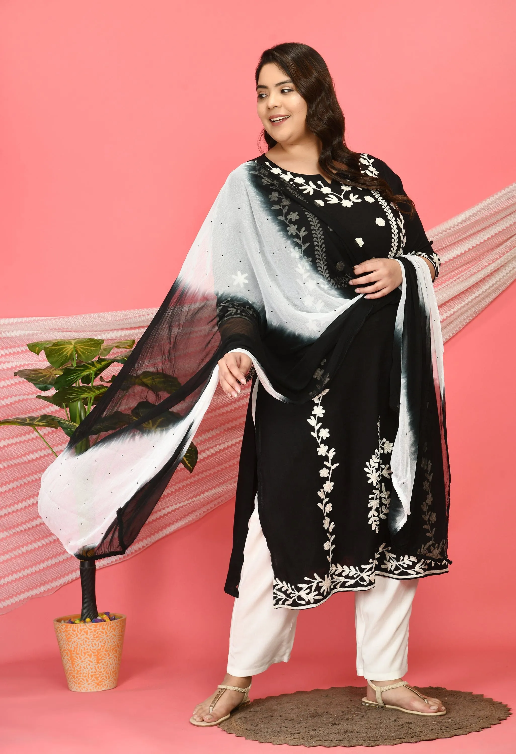 Plus Size Poetic Black Embroidered Kurta Pant Set with Dupatta