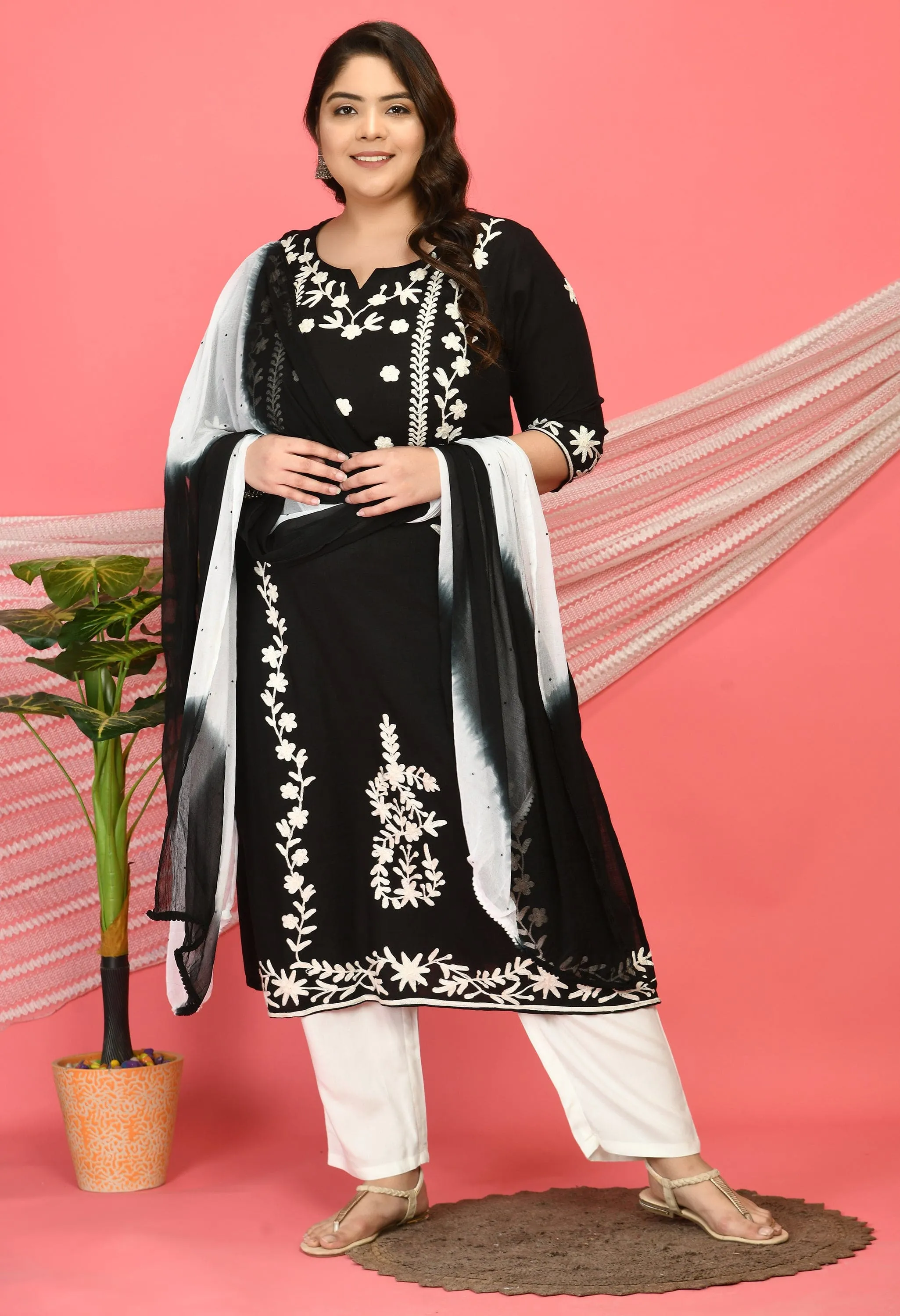 Plus Size Poetic Black Embroidered Kurta Pant Set with Dupatta