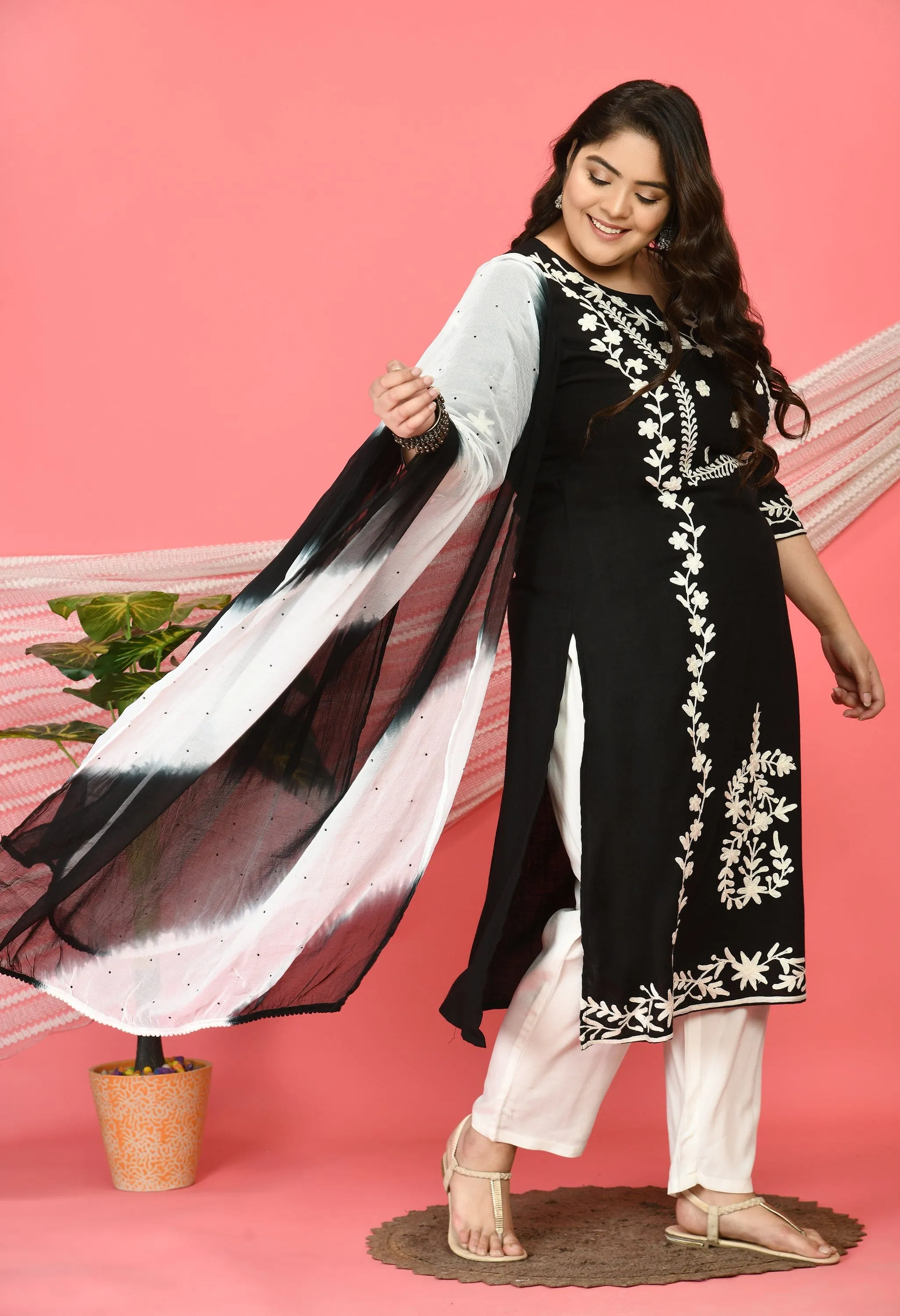 Plus Size Poetic Black Embroidered Kurta Pant Set with Dupatta