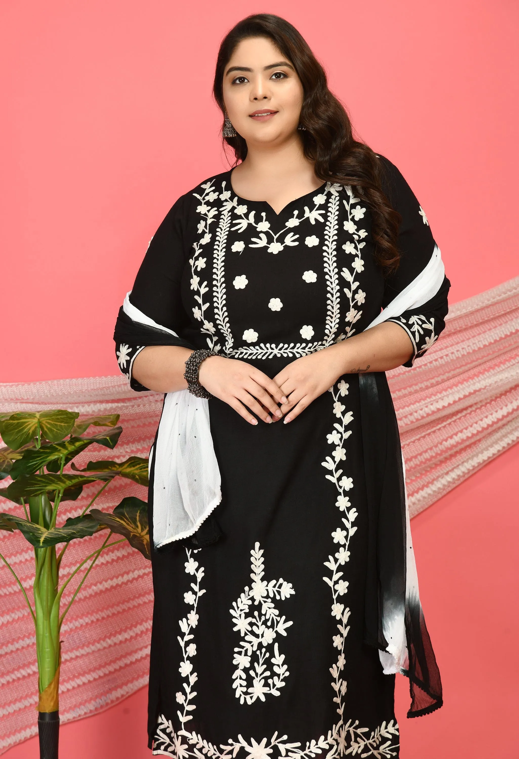 Plus Size Poetic Black Embroidered Kurta Pant Set with Dupatta