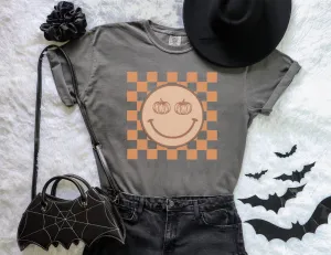 Retro Checkered Happy Pumpkin Face Shirt