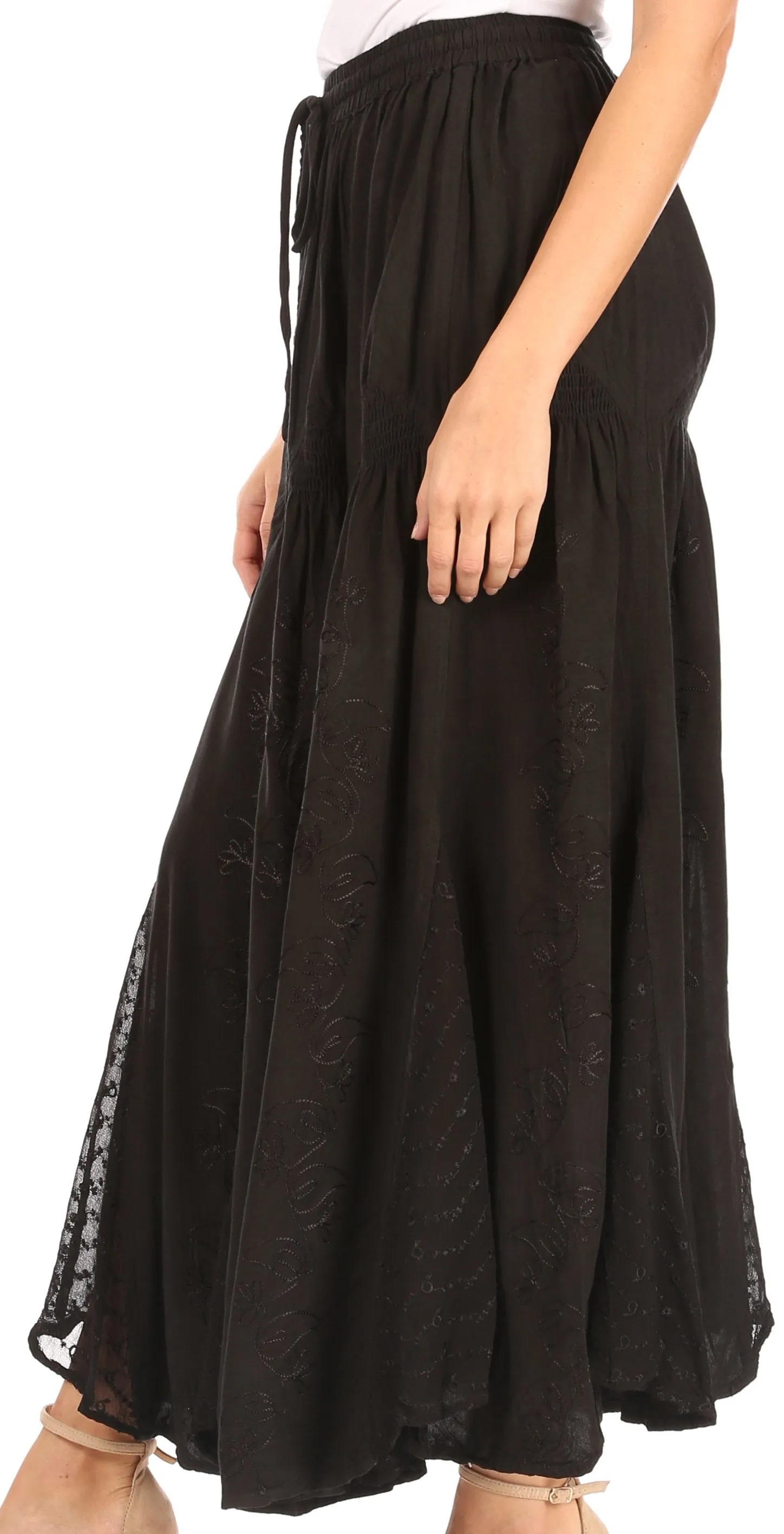 Sakkas Olivia Womens Maxi Bohemian Gypsy Long Skirt With Elastic Waist and Lace