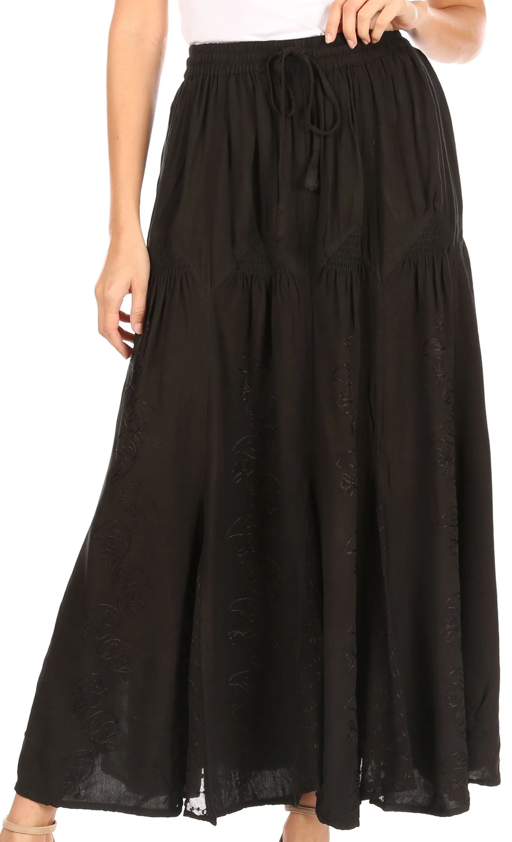 Sakkas Olivia Womens Maxi Bohemian Gypsy Long Skirt With Elastic Waist and Lace