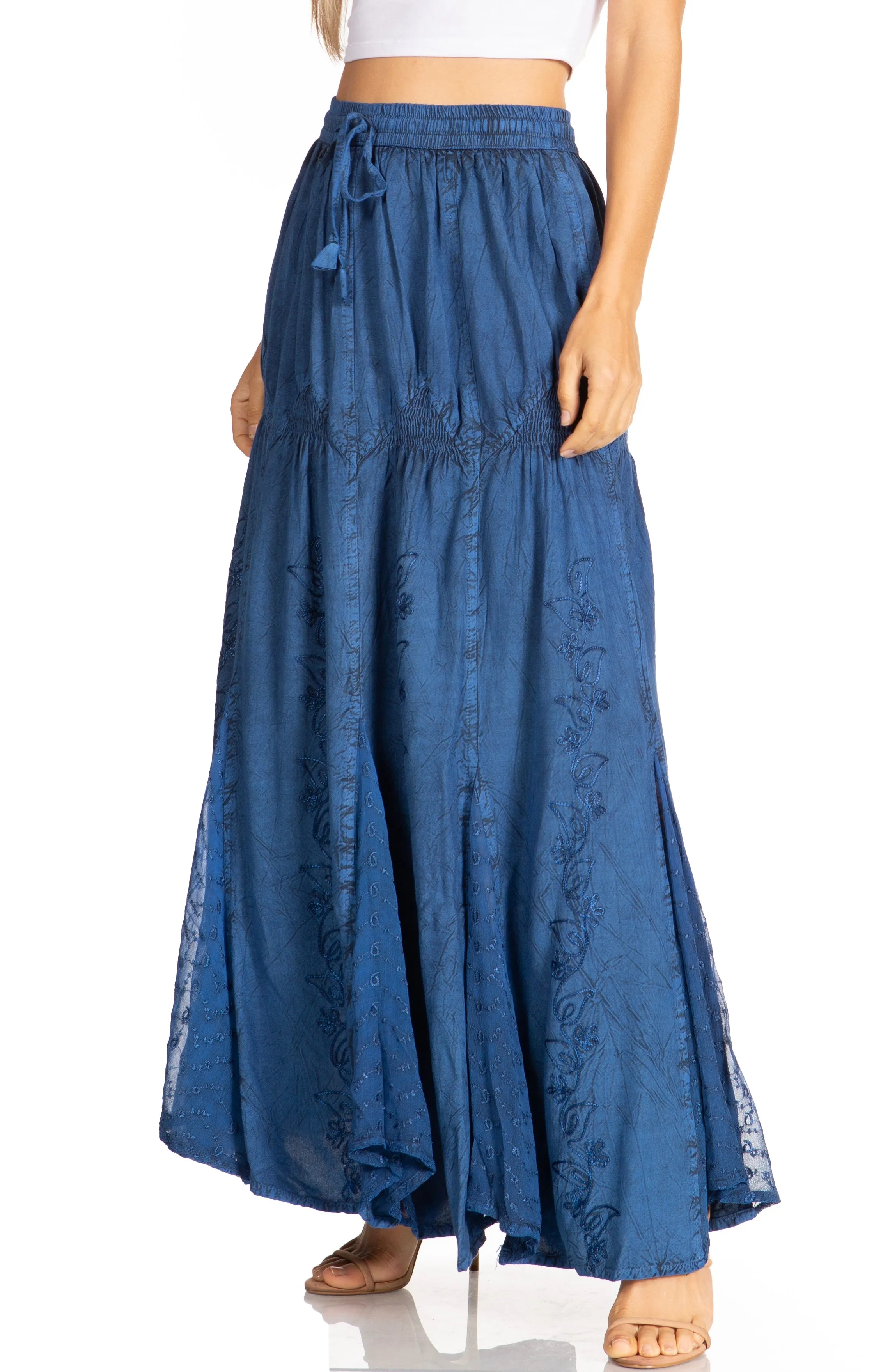 Sakkas Olivia Womens Maxi Bohemian Gypsy Long Skirt With Elastic Waist and Lace