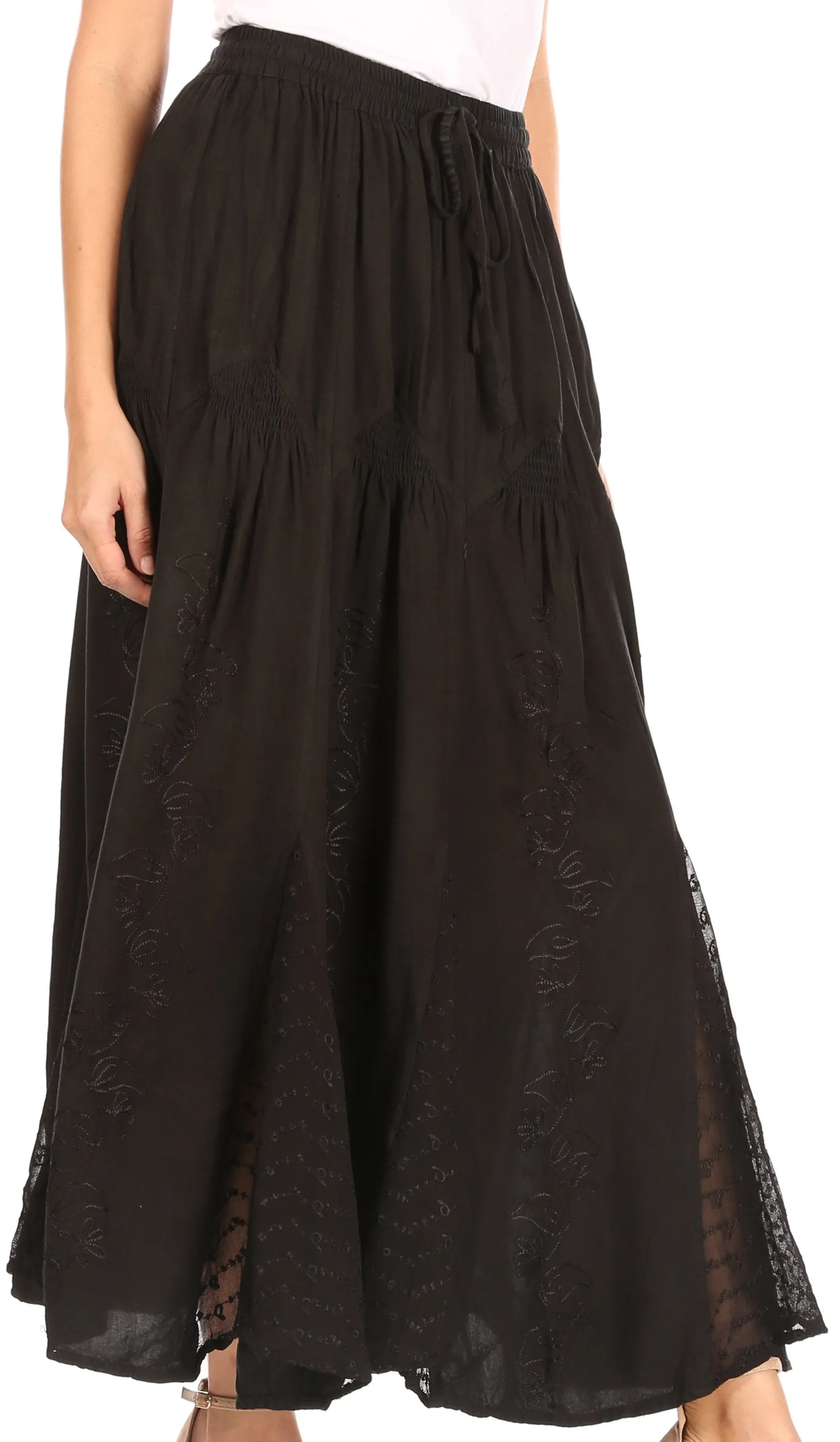 Sakkas Olivia Womens Maxi Bohemian Gypsy Long Skirt With Elastic Waist and Lace