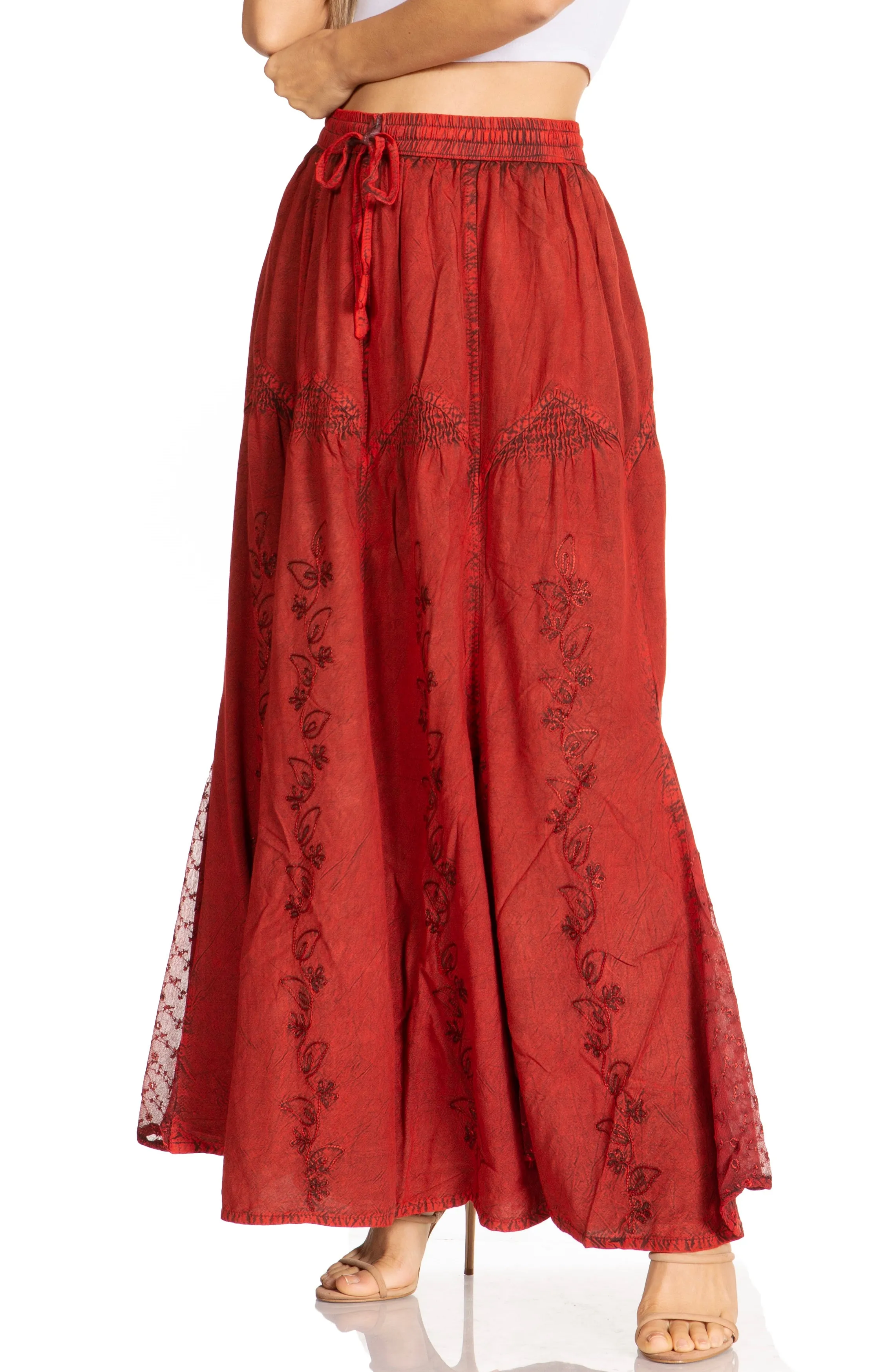 Sakkas Olivia Womens Maxi Bohemian Gypsy Long Skirt With Elastic Waist and Lace