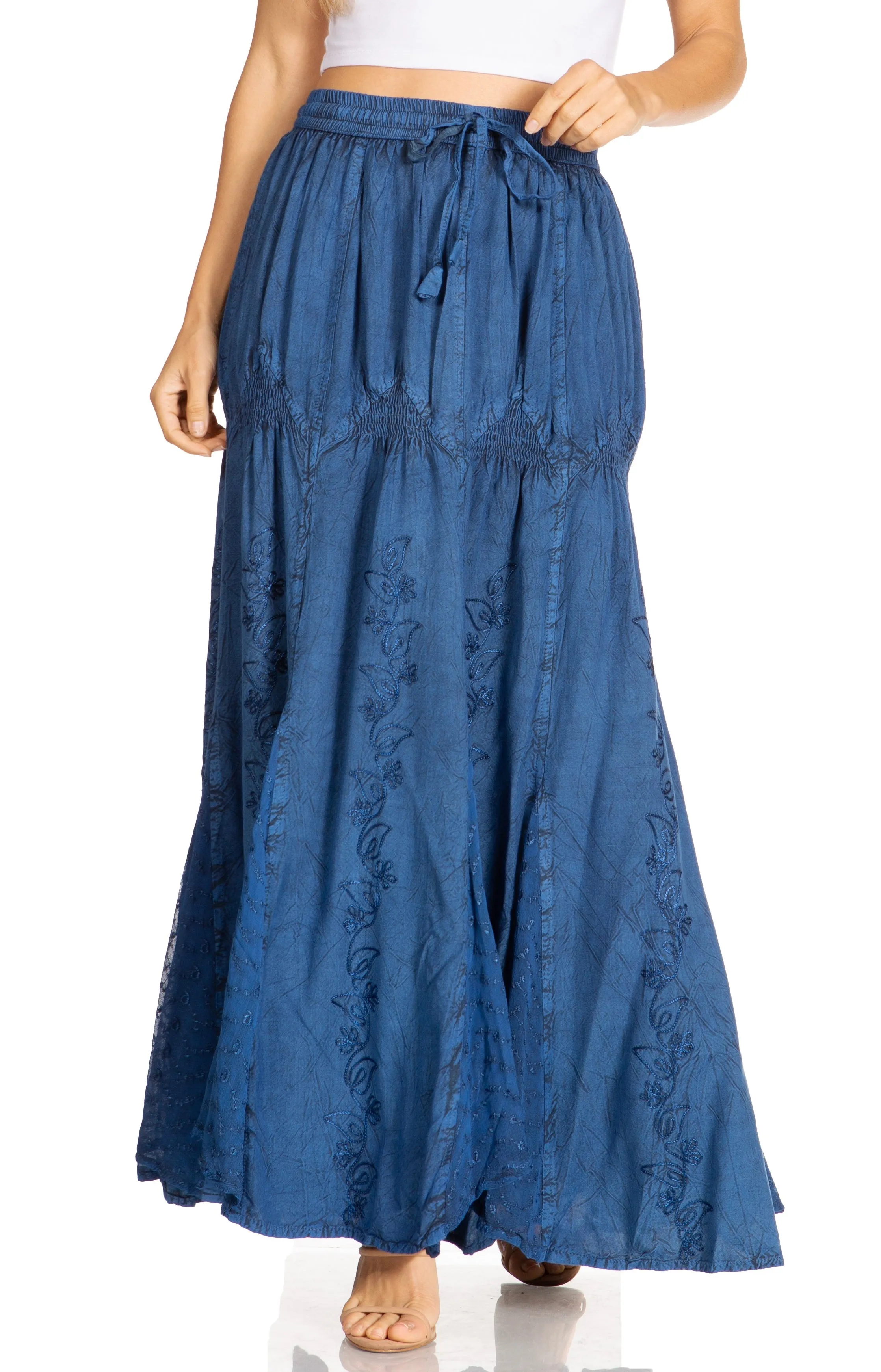 Sakkas Olivia Womens Maxi Bohemian Gypsy Long Skirt With Elastic Waist and Lace