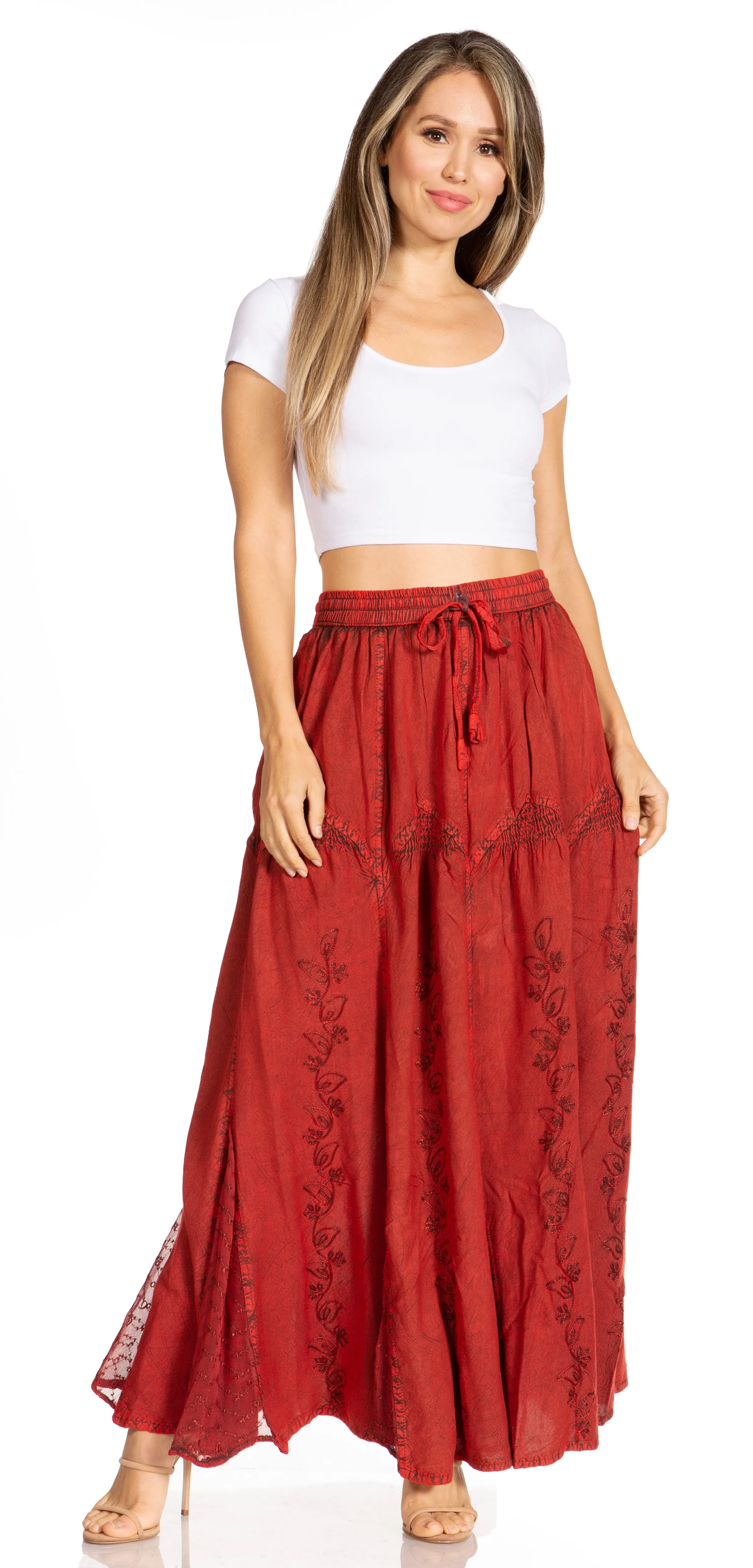 Sakkas Olivia Womens Maxi Bohemian Gypsy Long Skirt With Elastic Waist and Lace