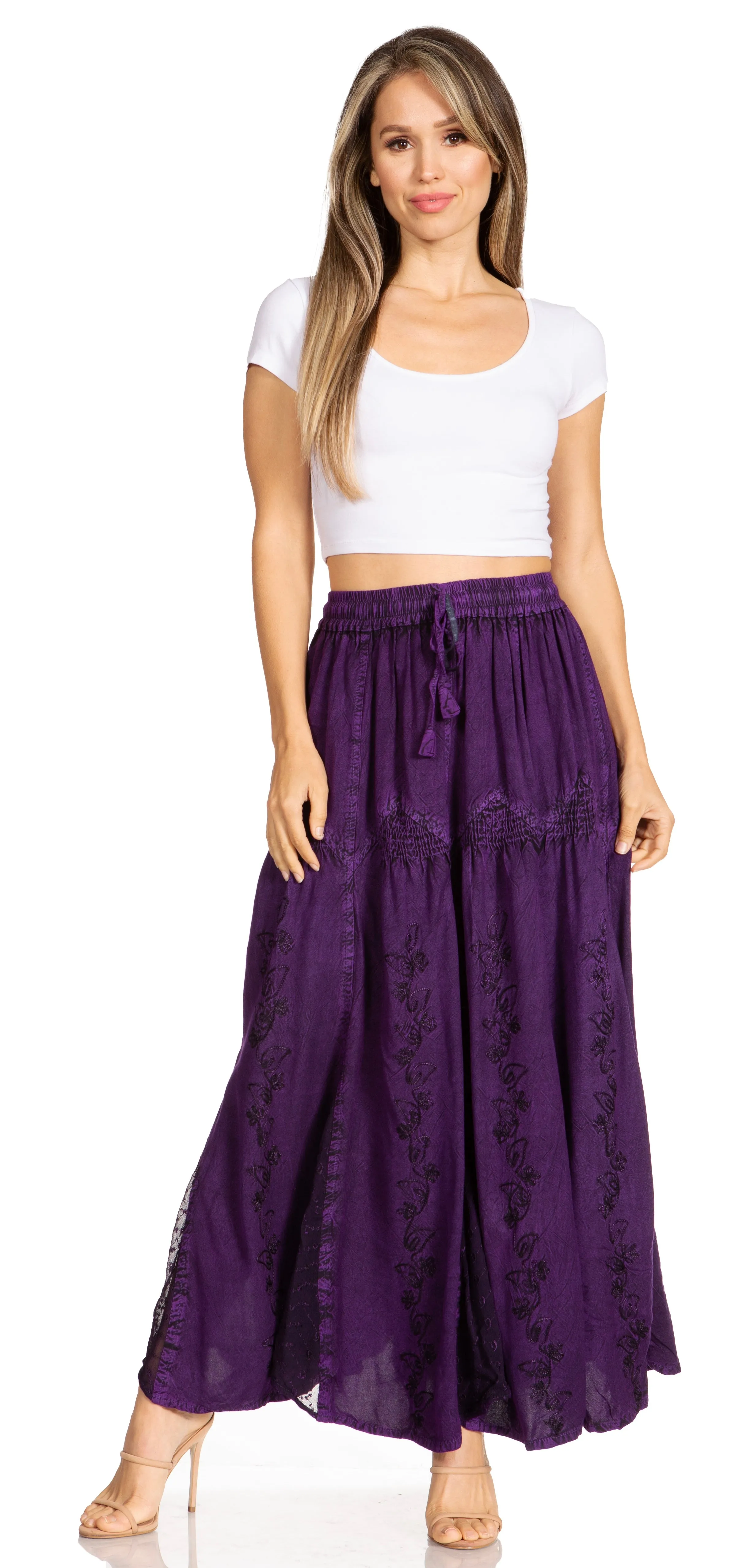 Sakkas Olivia Womens Maxi Bohemian Gypsy Long Skirt With Elastic Waist and Lace