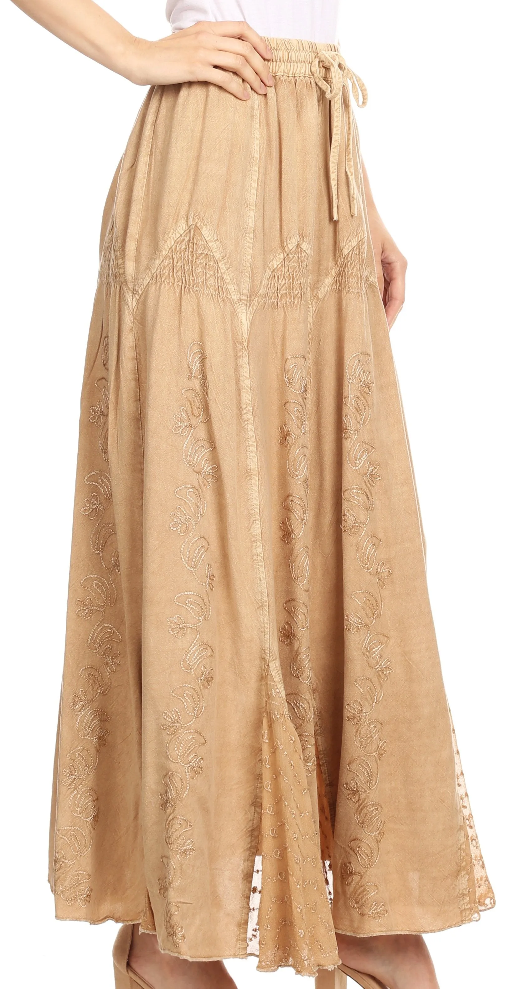 Sakkas Olivia Womens Maxi Bohemian Gypsy Long Skirt With Elastic Waist and Lace